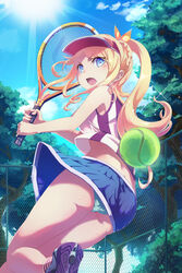  bad_id bad_pixiv_id ball blonde_hair blue_eyes blue_skirt day female green_panties long_hair looking_at_viewer loup open_mouth original outdoors panties ponytail racket skirt sportswear sun tennis tennis_ball tennis_racket tennis_uniform tree underwear 