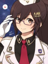  black_shirt brown_eyes brown_hair closed_mouth collared_shirt commentary_request female glasses gloves hair_between_eyes hair_ornament hat heart kiikii_(kitsukedokoro) long_sleeves looking_at_viewer necktie ponytail purple-framed_eyewear red_necktie saionji_reimi semi-rimless_eyewear shirt smile solo speech_bubble spoken_heart star_ocean star_ocean_anamnesis star_ocean_the_last_hope under-rim_eyewear uniform white_gloves white_hat 