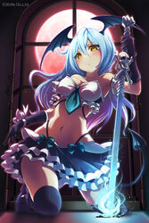  bad_id bad_pixiv_id black_thighhighs blue_hair blush breasts cleavage collarbone female highres holding holding_sword holding_weapon kneeling large_breasts looking_at_viewer loup navel original parted_lips solo sword thighhighs weapon yellow_eyes 