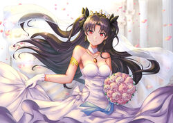  bare_shoulders black_hair blush bridal_veil bride commentary_request dress earrings fate/grand_order fate_(series) female flower gloves hoop_earrings ishtar_(fate) jewelry kelinch1 long_hair looking_at_viewer pendant petals red_eyes rose solo two_side_up veil wedding wedding_dress white_dress 