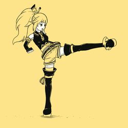  blonde_hair chaoschao commentary_request dengekiko female kicking long_hair monochrome neptune_(series) ponytail yellow_background 