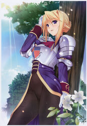  absurdres adjusting_hair armor black_legwear blonde_hair blue_eyes breastplate bud couter cuirass female flower gloves highres komori_kei lens_flare lily_(flower) long_sleeves official_art pants pauldrons photoshop_(medium) princess_lover scan short_hair shoulder_armor silvia_van_hossen solo tree white_flower white_gloves white_lily 