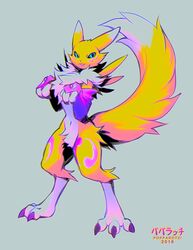  2018 anthro armwear armwear_only bandai_namco black_sclera blep blue_eyes bridal_gauntlets bridal_gauntlets_only canid clothing digimon digimon_(species) digital_media_(artwork) falvie female fluffy fluffy_tail fur mammal markings mostly_nude paw_pose pose purple_markings renamon simple_background solo standing tail tongue tongue_out yellow_body yellow_fur 