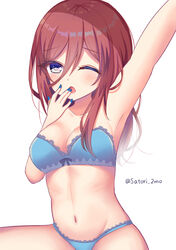  ;o arm_up armpits bare_shoulders blue_bra blue_nails blue_panties blush bra breasts brown_eyes brown_hair cleavage collarbone commentary female go-toubun_no_hanayome groin hair_between_eyes long_hair medium_breasts nail_polish nakano_miku navel one_eye_closed panties parted_lips satori_(ymoy) simple_background sitting sleepy solo stretching twitter_username underwear underwear_only waking_up white_background yawning 