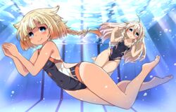  2girls blonde_hair blue_eyes braid cevio commentary_request competition_swimsuit ia_(vocaloid) long_hair mochizuki_usagi multiple_girls one-piece_swimsuit one-piece_tan one_(cevio) short_hair_with_long_locks single_braid swimsuit tan tanlines twin_braids underwater vocaloid 