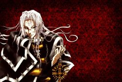  1boy abel_nightroad body_marking body_markings brown_eyes clothed facial_mark facial_marking facial_markings glasses hair jewelry long_hair lots_of_jewelry male male_focus smile solo trinity_blood very_long_hair white_hair 