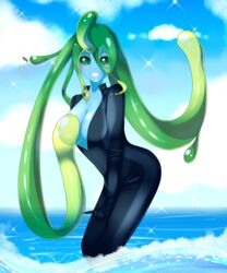  absurdres ahoge blue_skin blush bodysuit breast_slip breasts cloud colored_skin commentary covering_one_breast covering_privates day diving_suit english_commentary female green_eyes green_hair grin highres long_hair looking_at_viewer magpii medium_breasts monster_girl monster_musume_no_iru_nichijou ocean one_breast_out outdoors sky slime_girl smile solo suu_(monster_musume) tentacle_hair transparent very_long_hair wading water wetsuit 