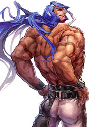  1boy ass azrael_(blazblue) bad_id bad_pixiv_id belt black_belt blazblue blue_facial_hair blue_hair body_markings cowboy_shot facial_hair goatee gyuukon long_hair looking_back male_focus muscular muscular_male photoshop_(medium) simple_background smile solo standing tattoo topless_male white_background 