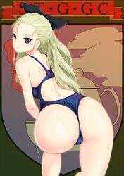  ass assam_(girls_und_panzer) back blonde_hair blue_eyes commentary_request cup emblem female girls_und_panzer highres long_hair looking_at_viewer one-piece_swimsuit rasukaru smile solo st._gloriana&#039;s_(emblem) swimsuit teacup teapot 