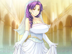  bare_shoulders blush breasts bridal_veil cleavage collarbone cowboy_shot dress earrings female highres huge_breasts indoors long_hair looking_at_viewer original purple_hair smile solo standing strapless wedding_dress yellow_eyes yoko_jyusuke 