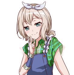  aoba_moca arm_warmers bang_dream! blue_eyes collared_shirt commentary_request earrings female frills green_shirt grey_hair hair_ribbon hand_up heart heart_earrings index_finger_raised jewelry looking_at_viewer nyanmaru_(ememing) ribbon shirt short_hair short_sleeves short_twintails simple_background smile solo twintails upper_body white_background white_ribbon 