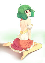  back bad_id bad_pixiv_id brown_eyes female frills full_body green_hair looking_back macross macross_frontier pantyhose ranka_lee red_skirt short_hair shovelwell sitting skirt solo wariza white_background yellow_pantyhose 