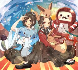  2boys bad_id bad_pixiv_id bear black_hair blue_eyes crossover cubchoo daruma_doll eevee hiro_(14806390) japanese_clothes kashuu_kiyomitsu lantern male_focus mole mole_under_eye mole_under_mouth multiple_boys open_mouth petals pokemon pokemon_(creature) ponytail red_eyes sandals scarf seigaiha sitting smile snot tabi torii touken_ranbu yamato-no-kami_yasusada 