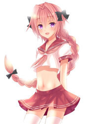  1boy :d arms_behind_back astolfo_(fate) astolfo_(sailor_paladin)_(fate) black_bow blush bow braid commentary_request cowboy_shot crop_top fate/apocrypha fate/grand_order fate_(series) groin hair_between_eyes hair_intakes hair_ribbon hairbow highres legs_apart long_hair looking_at_viewer male_focus midriff multicolored_hair navel neckerchief official_alternate_costume open_mouth otoko_no_ko panties pink_hair pink_neckerchief pink_skirt pleated_skirt purple_eyes red_sailor_collar red_skirt ribbon sailor_collar school_uniform serafuku shirt short_sleeves sidelocks single_braid skirt smile solo standing stomach streaked_hair thighhighs two-tone_hair underwear uonuma_yuu very_long_hair white_hair white_shirt white_thighhighs 