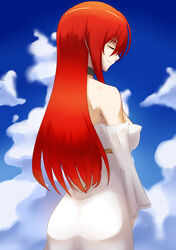  absurdres black_choker boudica_(fate) boudica_(third_ascension)_(fate) choker closed_eyes cloud cloudy_sky commentary_request day der_zweite dress fate/grand_order fate_(series) female from_behind highres light_smile long_hair off-shoulder_dress off_shoulder red_hair ribbon sky solo white_dress yellow_ribbon 