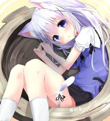  :o animal_ears black_skirt blue_bow blue_bowtie blue_eyes blue_hair blue_vest blush bow bowl bowtie cat_ears cat_tail collar commentary_request female gochuumon_wa_usagi_desu_ka? hair_between_eyes in_container kafuu_chino kemonomimi_mode kneehighs knees_together_feet_apart kouda_suzu light_blue_hair long_hair looking_at_viewer lying neko_nabe on_side oversized_object parted_lips rabbit_house_uniform red_collar ribbon shirt short_sleeves signature skirt socks solo tail tail_ornament tail_ribbon two-tone_background vest white_shirt white_socks 