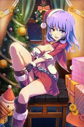  bad_id bad_pixiv_id black_panties blue_eyes boots breasts brown_legwear christmas_ornaments christmas_tree cleavage female hat heart highres indoors jewelry knee_boots kneehighs large_breasts looking_at_viewer loup medium_hair navel necklace night original panties purple_hair red_footwear red_hat red_skirt santa_costume santa_hat skirt socks underwear window 