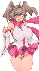  ahoge blush breasts brown_hair commentary_request detached_sleeves eyepatch female green_eyes hair_ornament hairclip huge_breasts ikuse_ayane minakami_(flyingman555) panties scarf skirt solo thighs two_side_up underwear vanguard_princess white_panties 