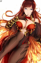  :q artist_name bare_shoulders black_gloves black_pantyhose breasts center_opening chinese_commentary cleavage commentary_request dungeon_and_fighter elbow_gloves female fiery_hair from_above gloves gradient_hair gzsd highres large_breasts leotard lips long_hair looking_at_viewer lying multicolored_hair on_back orange_hair pantyhose pointy_ears red_hair solo spikes swept_bangs tongue tongue_out transcendent_nornil very_long_hair white_background white_eyes 