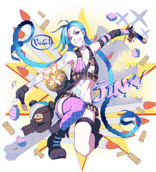  ahoge aircraft airplane armpits asymmetrical_clothes asymmetrical_gloves bad_id bad_pixiv_id bandage_over_one_eye bandages bandolier belt belt_bra belt_skirt bikini bikini_top_only blue_hair blurry boots braid breasts bullet character_name combat_boots elbow_gloves explosive female fingerless_gloves firing floating_hair gatling_gun gloves grenade grin gun halftone halftone_background head_tilt jewelry jinx_(league_of_legends) league_of_legends long_hair looking_at_viewer meer_rowe midriff mismatched_gloves missile muzzle_flash nail_polish navel necklace o-ring o-ring_top on_one_knee outstretched_arms photoshop_(medium) platform_footwear purple_eyes purple_thighhighs sharp_teeth shell_casing short_shorts shorts single_elbow_glove single_thighhigh small_breasts smile solo speech_bubble spread_arms stuffed_animal stuffed_toy swimsuit tattoo teddy_bear teeth thighhighs twin_braids very_long_hair weapon 