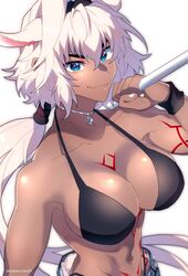  animal_ears bad_id bad_twitter_id bare_shoulders bikini bikini_top_only bikini_under_clothes blue_eyes breasts caenis_(fate) cleavage collarbone commentary cutoffs dark-skinned_female dark_skin denim denim_shorts dog_tags fate/grand_order fate_(series) female grin hair_between_eyes hair_intakes hairband highleg highleg_bikini highres holding holding_weapon jewelry karasumaru large_breasts long_hair looking_at_viewer nail_polish navel necklace polearm ponytail ponytail_holder shorts simple_background sleeveless smile solo standing swimsuit tattoo weapon white_background white_hair white_nails wristband 