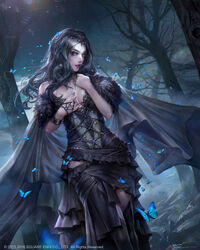  armband bare_shoulders black_dress black_hair blue_eyes breasts bug butterfly cleavage cloak copyright_name corset dated dress forest fur gem hand_on_own_chest highres insects jeremy_chong jewelry long_hair looking_at_viewer medium_breasts mobius_final_fantasy nature necklace night outdoors purple_lips solo square_enix tiara tree watermark 