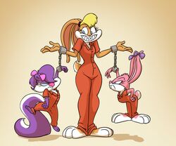  2016 anthro babs_bunny barefoot blonde_hair buckteeth cuff_(restraint) daredemon7000 eyelashes feet female fifi_la_fume fluffy fluffy_tail group hair inmates_clothing lagomorph leporid lola_bunny looney_tunes mammal mephitid orange_jumpsuit prison_uniform prisoner rabbit restraints ribbons shackles simple_background skunk smile tail teeth tiny_toon_adventures unimpressed warner_brothers 