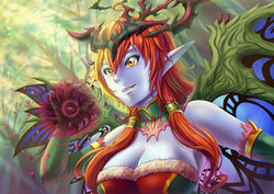  bare_shoulders blonde_hair blue_skin breasts butterfly_wings cleavage colored_skin commentary_request elbow_gloves female forest fur_trim gloves grin hera-beorc_(p&amp;d) hera_(p&amp;d) highres hooh_lin insect_wings large_breasts multicolored_hair nature pointy_ears puzzle_&amp;_dragons red_hair smile solo wings yellow_eyes 