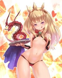  :q bare_shoulders blonde_hair cagliostro_(granblue_fantasy) commentary_request crown dragon eastern_dragon female granblue_fantasy heart highres long_hair navel ouroboros_(granblue_fantasy) purple_eyes solo tongue tongue_out tsukigami_chronica 