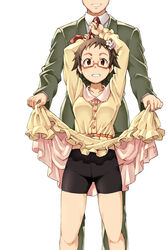  1boy arms_up bike_shorts brown_hair clothes_lift commentary_request dress dress_lift female formal glasses grin hair_ornament hairclip idolmaster idolmaster_cinderella_girls kitagawa_mahiro lifting_another&#039;s_clothes necktie necktie_grab neckwear_grab producer_(idolmaster) red-framed_eyewear red_eyes sakura_(medilore) short_hair shorts_under_dress simple_background smile suit white_background 