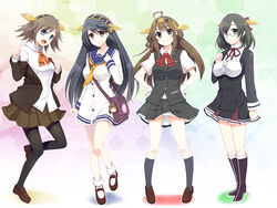  4girls ahoge bag black_hair blazer breasts brown_hair commentary_request cosplay glasses gloves hairband haruna_(kancolle) hiei_(kancolle) jacket kantai_collection kirishima_(kancolle) kongou_(kancolle) large_breasts long_hair maikaze_(kancolle) maikaze_(kancolle)_(cosplay) multiple_girls open_mouth pantyhose photoshop_(medium) ribbon satchel school_uniform short_hair skirt smile sorano_(12gou) suzuya_(kancolle) suzuya_(kancolle)_(cosplay) tatsuta_(kancolle) tatsuta_(kancolle)_(cosplay) vest yukikaze_(kancolle) yukikaze_(kancolle)_(cosplay) 