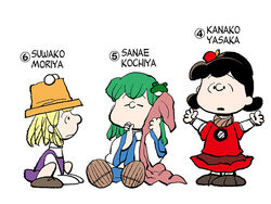  3girls black_hair blonde_hair chamupei charles_schulz_(style) commentary_request frog_hair_ornament green_hair hair_ornament hat kochiya_sanae linus_van_pelt lucy_van_pelt moriya_suwako multiple_girls peanuts_(comic) photoshop_(medium) rerun_van_pelt simple_background sitting standing touhou white_background yasaka_kanako 