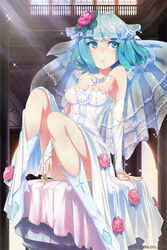  bad_id bad_pixiv_id blue_eyes blue_hair blush boots breasts cleavage closed_mouth dress female flower high_heel_boots high_heels jewelry knee_boots large_breasts looking_away loup original red_flower red_rose ring rose short_hair sitting solo wedding_dress wedding_ring white_dress white_footwear 