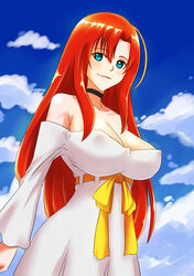  absurdres black_choker blue_eyes boudica_(fate) boudica_(third_ascension)_(fate) breasts choker cleavage cloud cloudy_sky commentary_request covered_nipples day der_zweite dress fate/grand_order fate_(series) female highres large_breasts light_smile long_hair looking_at_viewer looking_down off-shoulder_dress off_shoulder red_hair ribbon sky solo white_dress yellow_ribbon 