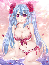  arm_support bad_id bad_pixiv_id bikini blanket_(kkbjah) blue_hair bracelet breasts cleavage collarbone female flower frilled_bikini frills front-tie_top hair_flower hair_ornament highres jewelry large_breasts light_blue_hair long_hair looking_at_viewer luthica_preventer open_mouth partially_submerged red_bikini red_eyes shiny_skin side-tie_bikini_bottom sidelocks sitting skindentation smile solo swimsuit sword_girls twintails wariza water 