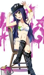  bikini black_hair blush boots breasts chair cleavage commentary crossed_legs female green_eyes hat highres long_hair medium_breasts nanase_yoshino paint_can paintbrush side-tie_bikini_bottom sitting solo swimsuit tonee trim_brush wake_up_girls! 