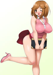  blush breasts brown_eyes brown_hair clothes_lift commentary_request female full-face_blush gradient_background high_heels large_breasts leg_lift looking_at_viewer mai_machiko maicching_machiko-sensei notebook one_eye_closed onomeshin open_mouth photoshop_(medium) shiny_skin shirt short_hair skirt skirt_lift sleeveless sleeveless_shirt solo taut_clothes taut_shirt wind wind_lift 