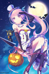  bad_id bad_pixiv_id bat_(animal) black_footwear boots bow breasts checkered_clothes checkered_headwear cleavage commentary_request company_name feline female halloween hat hat_bow hat_ribbon knee_boots large_breasts long_hair loup moon night original outdoors pink_eyes pink_hair red_bow red_ribbon ribbon side_ponytail sky solo star_(sky) starry_sky top_hat white_hat witch 