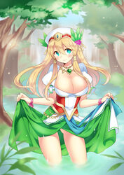  blonde_hair blush breasts cleavage commentary_request curtsey dress female freyja_(p&amp;d) green_eyes hat jewelry kaki_s large_breasts long_hair looking_at_viewer necklace photoshop_(medium) puzzle_&amp;_dragons shiny_skin skirt_hold smile solo tree wading water 