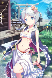  adjusting_clothes adjusting_shoe ahoge bad_id bad_pixiv_id bare_arms blue_eyes blush breasts budget_sarashi cleavage closed_mouth collarbone day female fence flower frilled_skirt frills grass grey_hair hair_flower hair_ornament hair_ribbon high_heels holding holding_sword holding_weapon jewelry katana leg_up light_rays long_hair looking_at_viewer loup low_twintails medium_breasts navel necklace original outdoors ribbon sandals sarashi sheath sheathed shide short_hair shrine skirt sky sleeveless solo stone_lantern sword tassel torii tree twintails weapon wooden_fence 