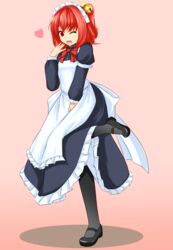  ;d alternate_costume apron bell black_pantyhose blush bow commentary dress enmaided female full_body ganmaganmo hair_bell hair_ornament hand_to_own_mouth heart highres looking_at_viewer maid maid_apron mary_janes motoori_kosuzu one_eye_closed open_mouth pantyhose pose red_eyes red_hair sash shoes short_hair side_ponytail smile solo standing standing_on_one_leg touhou 