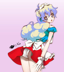  alternate_costume apron ass bow character_name commentary_request cross-shaped_pupils female gloves long_hair looking_back maid_headdress multicolored_hair nia_teppelin panties photoshop_(medium) skirt solo symbol-shaped_pupils tengen_toppa_gurren_lagann two-tone_hair underwear white_panties yukimitsuki 