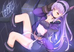  aoinu_(aoinu_99) belt black_choker black_footwear black_gloves black_hairband black_shorts breasts challenger_dominiel choker cleavage commentary_request copyright_name epic_seven female finger_gun gloves hairband hand_up highres indoors jacket leg_up long_hair looking_at_viewer navel purple_jacket shorts sidelocks small_breasts smile solo sports_bra very_long_hair yellow_eyes 