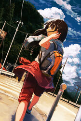  armpit_peek backpack bag bird black_hair blue_sky bottle brown_eyes clothes_around_waist cloud commentary_request day female from_behind highres inami_hatoko jacket jacket_around_waist landscape long_hair looking_back mountain nature open_mouth original outdoors pants pants_rolled_up power_lines red_pants road scenery shirt sign sky solo standing street tree tunnel utility_pole walking water_bottle white_shirt 