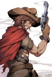  1boy beard brown_eyes brown_hair cape cassidy_(overwatch) cigar commentary_request cowboy_hat facial_hair gun handgun hat highres holding holding_gun holding_weapon holster male_focus minamon_(vittel221) mouth_hold overwatch overwatch_1 smoke smoking smoking_barrel solo weapon 