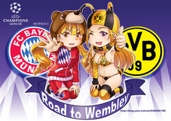  2girls :d ;d bikini blonde_hair blush borussia_dortmund breasts bundesliga commentary drill_hair fc_bayern_munchen ge_xi germany large_breasts long_hair looking_at_viewer midriff multiple_girls navel one_eye_closed open_mouth original personification photoshop_(medium) puma_(brand) purple_eyes scarf smile soccer stomach swimsuit uefa_champions_league yellow_eyes 