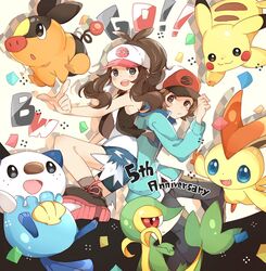  1boy anniversary back-to-back bad_id bad_pixiv_id baseball_cap blue_eyes brown_eyes brown_hair confetti english_text female hat hilbert_(pokemon) hilda_(pokemon) hiro_(14806390) open_mouth oshawott pikachu pointing pokemon pokemon_(creature) pokemon_bw ponytail shorts smile snivy starter_pokemon_trio tepig victini 