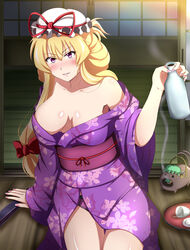  absurdres alternate_hairstyle big_hair blonde_hair blush bottle bow breasts chen choko_(cup) cleavage collarbone commentary_request cup drunk female fingernails floral_print folded_fan folding_fan grin hair_over_shoulder hair_up hairbow hand_fan hat hat_ribbon head_tilt highres japanese_clothes kayari_buta kimono kyoukyan large_breasts lipstick long_hair looking_at_viewer makeup mob_cap nail_polish night obi off_shoulder outdoors panties pantyshot pink_nails porch purple_eyes purple_panties ribbon room sash saucer shiny_skin sitting smile solo spill summer tatami teeth thighs tokkuri touhou tray underwear very_long_hair yakumo_yukari yukata 