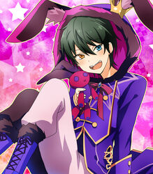  1boy animal_hood black_hair blue_coat blue_eyes boots brown_eyes coat commentary_request cross-laced_footwear crown easter_night_(ensemble_stars!) ensemble_stars! heterochromia highres holding holding_stuffed_toy hood kagehira_mika lace-up_boots looking_at_viewer male_focus masako_(sabotage-mode) mini_crown official_alternate_costume pants photoshop_(medium) purple_background purple_footwear rabbit_hood short_hair sitting smile solo star_(symbol) stuffed_animal stuffed_rabbit stuffed_toy 