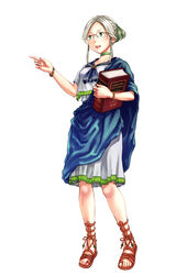  anbe_yoshirou ancient_greek_clothes apoptygma aristotle blonde_hair book bracelet choker commentary_request english_text female genderswap_(mtf) glasses greco-roman_clothes green_eyes highres himation jewelry open_mouth peplos pointing rule_63 sandals simple_background solo tetsugaku_girls white_background 